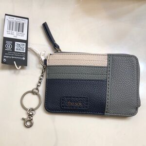 the sak Iris Dusty Blue Block Pebbled 100% Leather Card Wallet Key Fob NWT